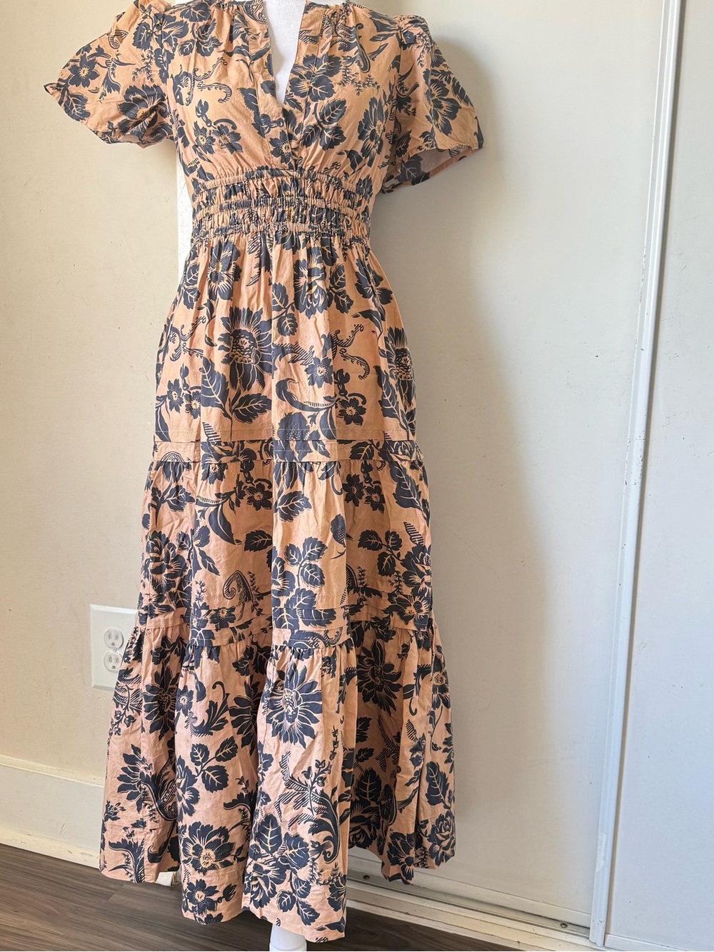 Anthropologie Peach Maxi Dress with Navy Floral Print